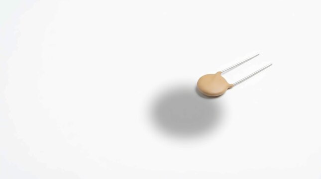 Small ceramic capacitor electronic component with leads on white background