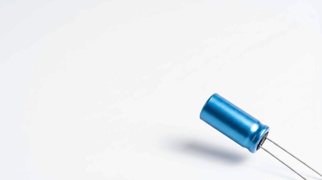 Close-up of a blue electrolytic capacitor on a clean white background