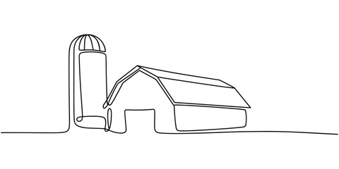 Hand drawn continuous one line drawing of a barn and silo, representing countryside living. © Sahor