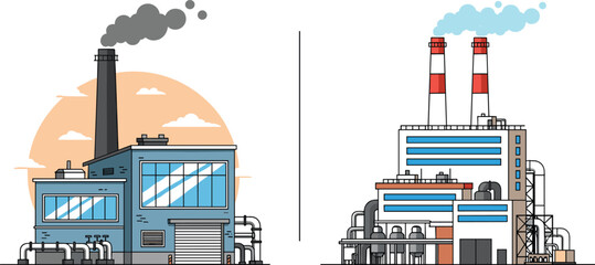 Naklejka premium Old industrial factory and modern power plant comparison with smokestacks, pollution emissions, and technological advancement in energy production vector illustration