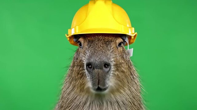 A capybara wearing a yellow construction hard hat looking directly at the camera against a plain green background.