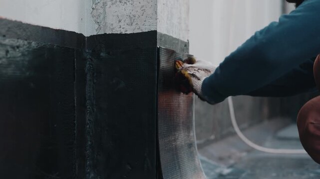 Applying waterproofing membrane to wall corner during construction close up