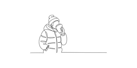 Obraz premium Continuous line drawing of a person wearing winter clothing and drinking from a cup on a white background