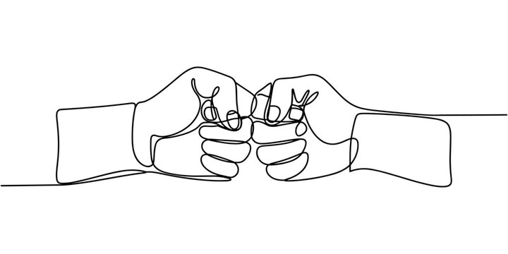 Continuous one line drawing of bro fist bump or pound lineart hands. Concept of brother giving a punch, Man and woman`s clenched fists bump. Continuous one line illustrated fist bump, hitting, attack.