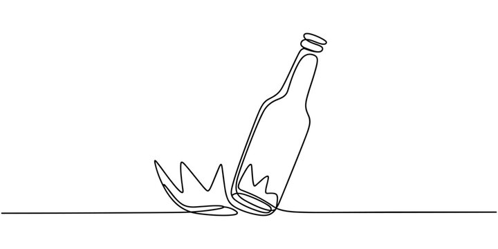 One line drawing of beer bottles were smashed at the end of the table until they broke into pieces. Stop and say no to alcohol campaign. Dry January, Broken beer glass bottle continuous one line.