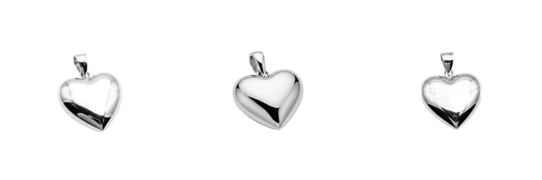 Elegant Polished Silver Heart Pendant Charm, Luxury Jewelry Accessory for Fashion and Gift Branding, Romantic Heart Shape Jewelry Design Element on White.