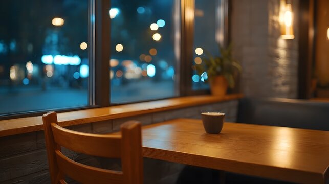 Warm interior view of a wooden cafe table contrasted with the blurred lights of a nighttime cityscape through the window