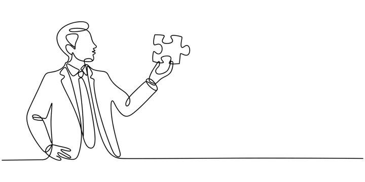 Cartoon of ara businessman showing puzzle that connected. Concept of teamwork. Single continuous line art style. Editable stroke.