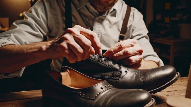 Traditional Leather Shoe Repair Process. Artisan Meticulously Repairing Antique Brogue With Classic Tools. Master Craftsman Delicately Restoring Old Leather Shoe Using Authentic Vintage Equipment