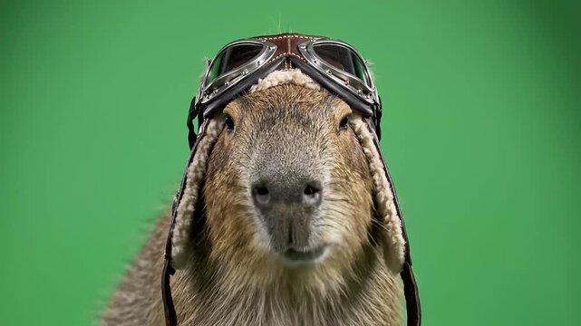 A capybara wearing a pilot's hat and aviator goggles looking directly at the camera against a vibrant green background.