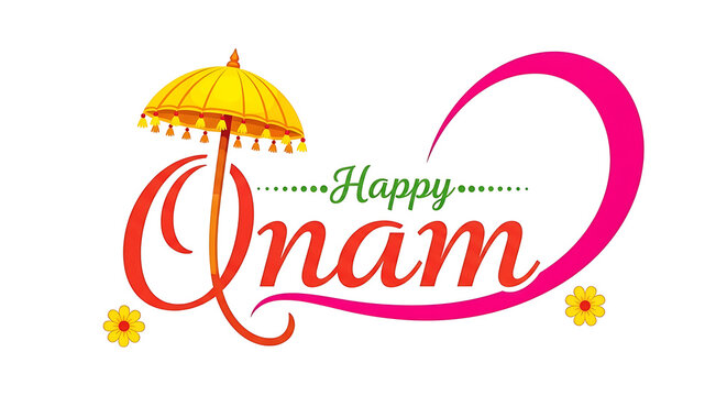 Happy onam festival logo with umbrella and flowers PNG isolated on transparent background