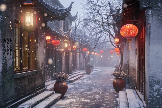 Ancient Chinese-style architecture with street lanterns, red lanterns, snow-covered ground, stone pavement, and white walls, rendered in 3D with Unreal Engine.