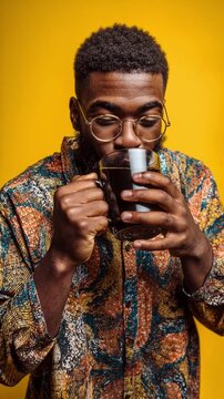 Smiling man holding a coffee mug wearing an artistic shirt against a vibrant yellow background, showcasing joy and enthusiasm with energetic expressions and engaging style.