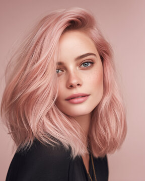 Woman with pink hair posing softly against pastel background