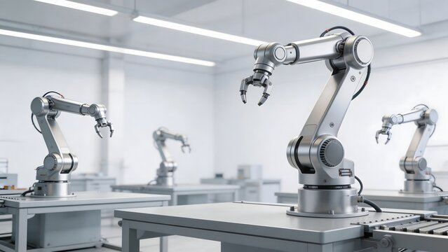 Industrial robotic arms in a lab