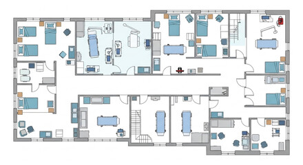 Fototapeta premium Top View Hospital Layout Set, 2D CAD Style Architectural Visualization with Color Filled Beds, Stretchers, Wheelchairs, Monitors and Medical Equipment