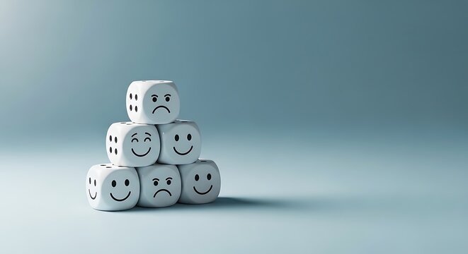 Stacked white dice with various facial expressions on a light blue background, depicting different emotions in a creative and abstract manner.