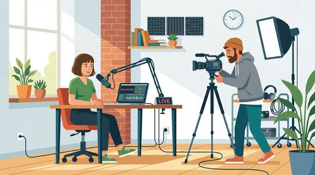 Female podcaster recording video content with a cameraman in studio