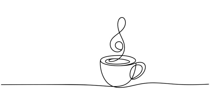 coffee cup with music sign continuous one line drawing , self drawing of continuous line draw Cup of coffee with musical notes. Music cafe concept.