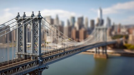 Fototapeta premium A majestic elevated truss bridge spans a river providing a clear view of the distant modern cityscape under a bright sky