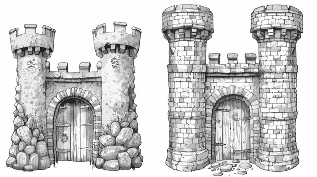 Two medieval castle gate illustrations. Hand-drawn with stone towers, arches, wooden doors