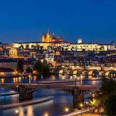 Obraz premium Prague Castle and Charles Bridge at Dusk.