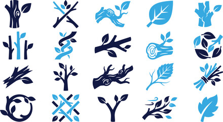 Fototapeta premium Collection of stylized icons depicting branches, leaves, and trees, representing nature, growth, and organic elements, forest, plant life.