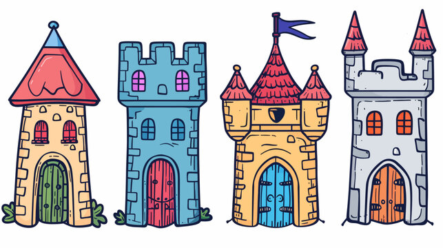 Four colorful cartoon castle towers, each with different shapes, doors, windows, and decorative elements