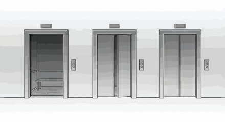 A grayscale illustration depicts three elevator doors in varying states of openness side by side © Shakil