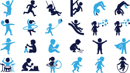 Fototapeta premium Children playing and having fun outdoor with toys and activities like swinging sliding and jumping rope on white.