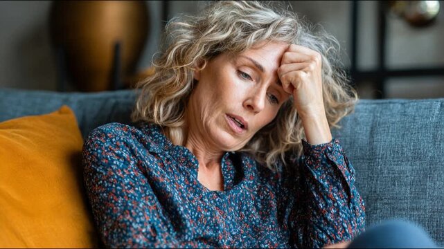 A woman appears lost in thought as she rests on a sofa, expressing feelings of sadness and contemplation in her serene, cozy environment. This video captures a moment of introspection.