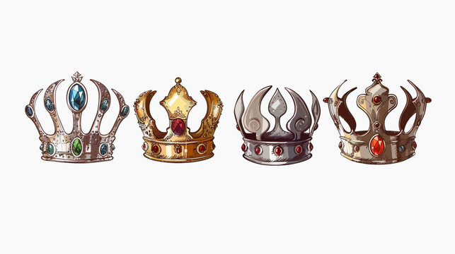 Four jewel-encrusted crowns of varying colors on white. Each has unique design