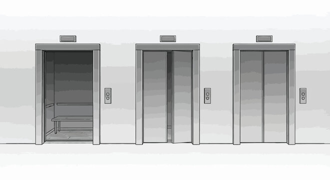 A grayscale illustration depicts three elevator doors in varying states of openness side by side