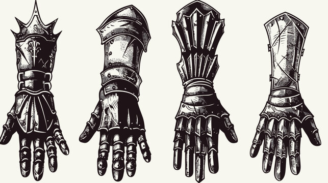 Black and white illustration of four detailed medieval armored hands with different gauntlet designs