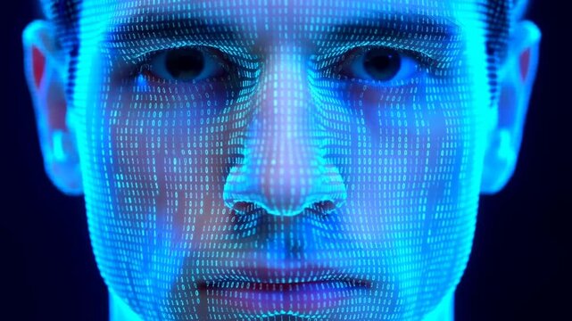 Tracking zoom shot of male face with digital biometric scan overlay progressing into close up studio portrait showing animated grid and binary mapping on skin