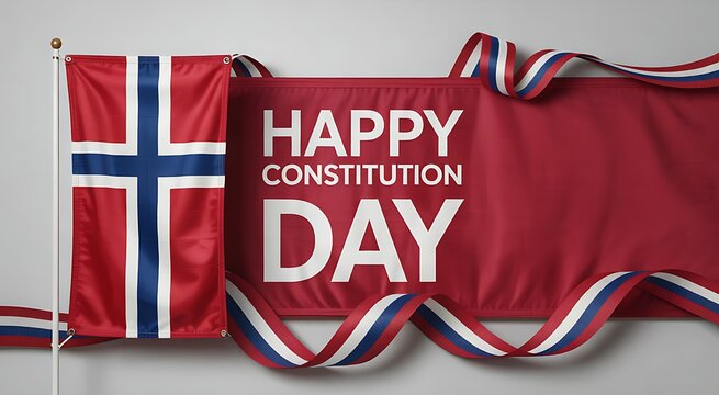 Norwegian flag and happy constitution day banner on gray background