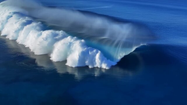 Aerial slow motion tracking shot of ocean wave breaking over submerged reef and rocks in clear blue nearshore sea during daytime