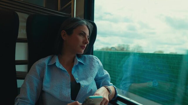 Thoughtful woman sitting by the window in a modern high speed train, using her smartphone while the green countryside landscape moves outside, reflecting in the glass on a bright day