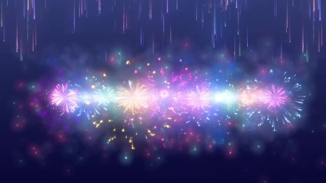 Slow motion panoramic view of colorful fireworks bursts expanding across dark night sky with falling streaks and glowing particles