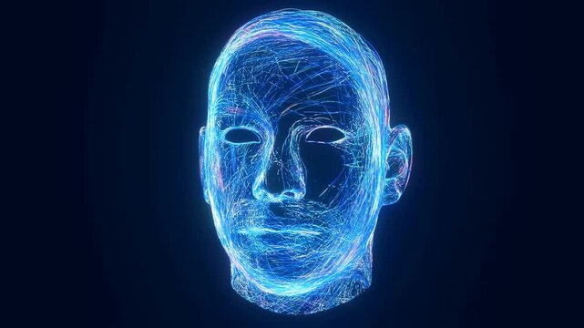 Slow motion zoom in on digital wireframe human face forming and pulsing with glowing neon lines against dark studio background