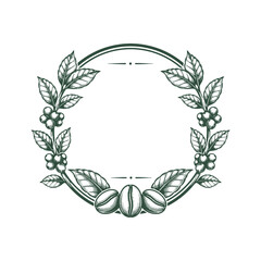 Circular wreath frame vector illustration featuring coffee leaves and beans in a classic etching style for organic packaging design and organic labels. © Chairul
