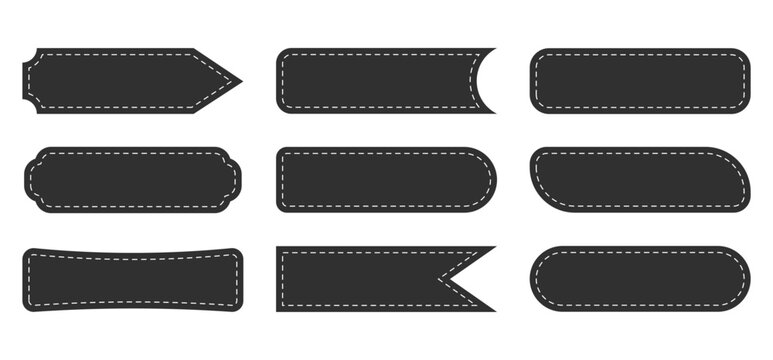 Set of black ribbons, banners or blank labels with dashed line strokes. Geometric shapes for headings, price tags and text boxes isolated on white.