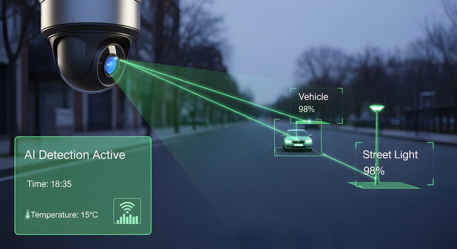 Advanced AI surveillance system monitoring a vehicle, its advanced technology showcasing a city street scene. 