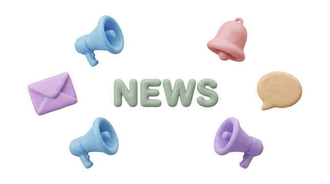 3D Clay Render Marketing Announcement Set with News Subtitle and Megaphones