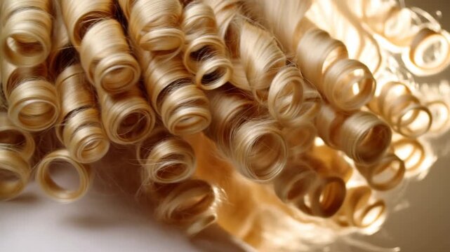 Tracking pan of blonde ringlet hair curls gently swaying in soft backlit studio closeup on neutral tabletop backdrop