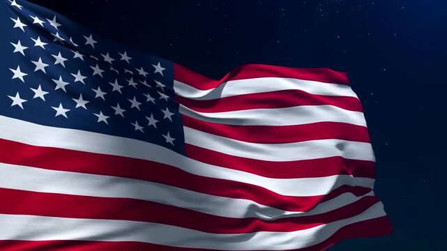 Slow motion tracking shot of american flag waving and billowing against starry night sky backdrop with visible fabric texture and high contrast lighting