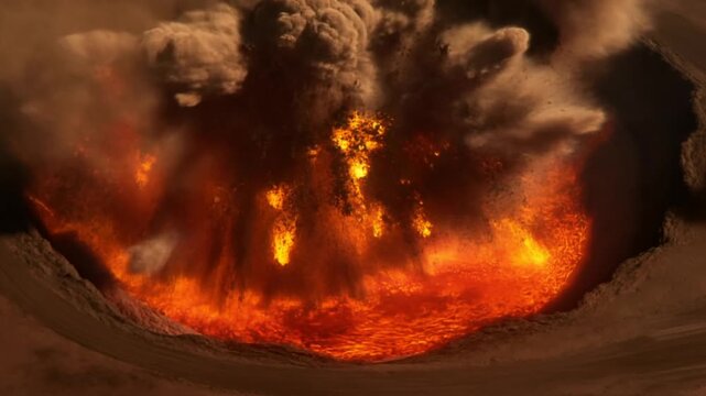 Aerial slow motion view of volcanic crater erupting with lava fountains and ash plume in desert landscape