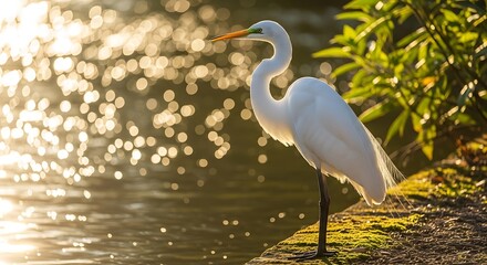 Obraz premium Majestic white egret standing gracefully by a sparkling water body at sunset, surrounded by lush greenery, capturing tranquility and natural beauty in a serene wetland environment.