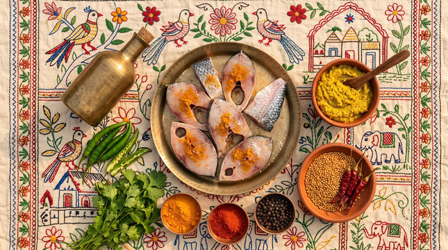 Creative top view of Shorshe Ilish ingredients on embroidered Kantha quilt