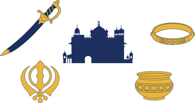 Sikh Cultural Symbol Set Featuring Golden Temple Silhouette Khanda Emblem Kirpan Sword Kara Bracelet and Traditional Bowl Vector Illustration